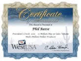 Phil Reese Certificate of Achievement